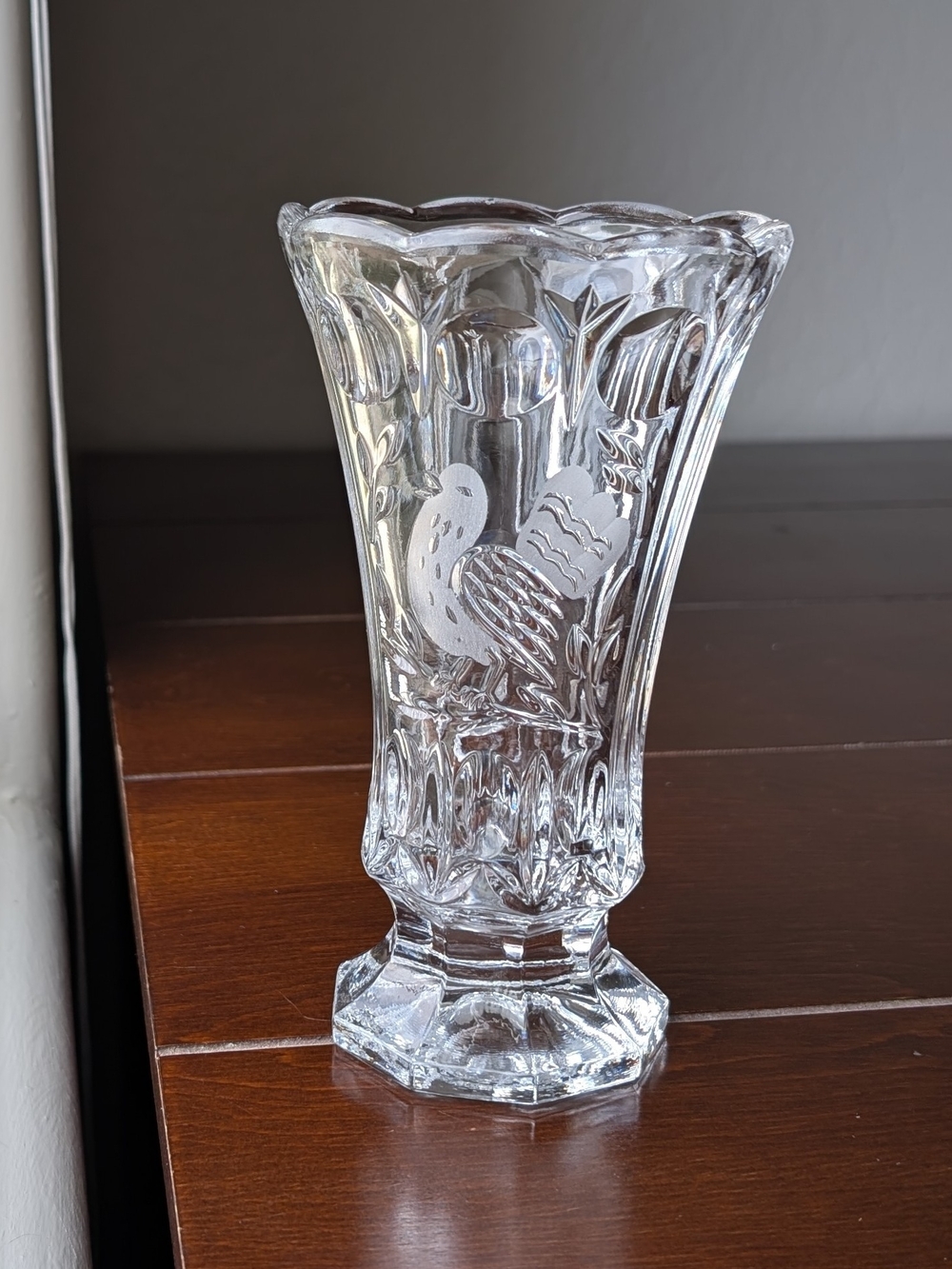 Vintage 1980s Crystal D'Adriana Leaded Crystal Etched Footed Trumpet Vase 7 Inch